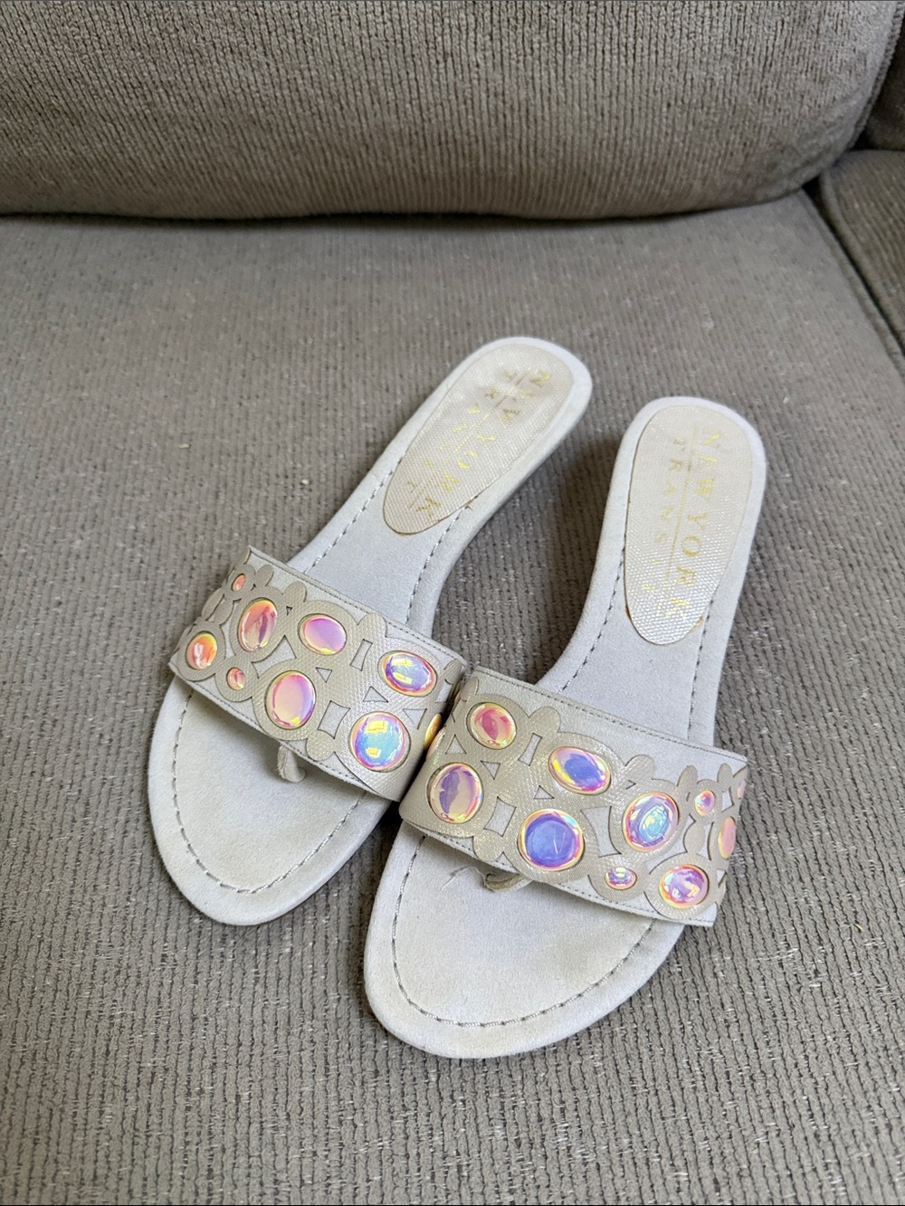 New York Transit Iridescent Jewel Slide Sandals - Cream